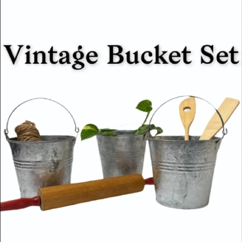 Vintage Buckets Galvanized Tin French Cottage Rustic Farmhouse Decor Set of 3